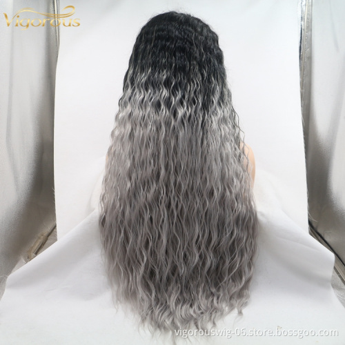 Side Part Long Water Wavy Dark Roots Ombre Grey Long Cheap Lace Fiber Wig Synthetic Hair For Women Vendor Price